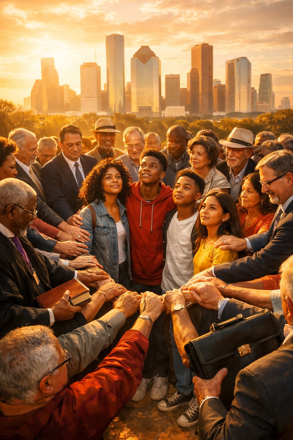 Project Juvee community — multigenerational hands joined, Houston skyline
