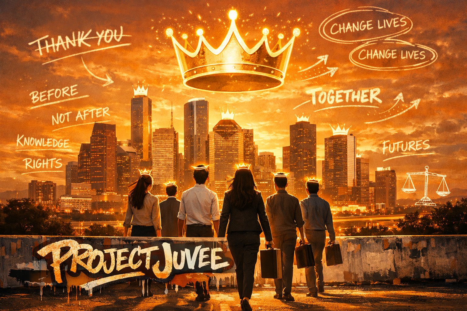 Project Juvee mural — Thank You / Change Lives Together over Houston skyline